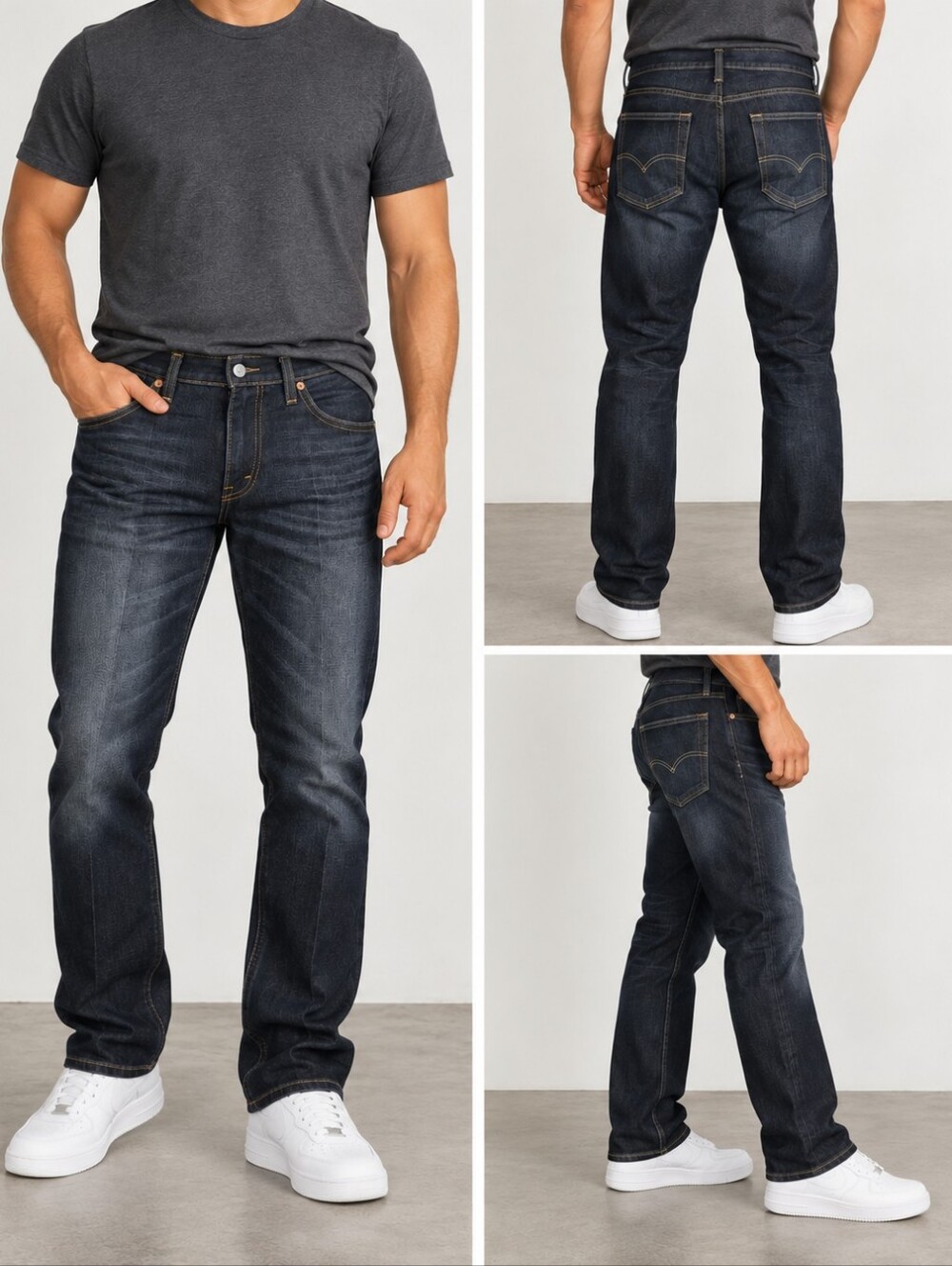 Men's Dark Wash Straight Leg Jeans - Classic Blue Denim